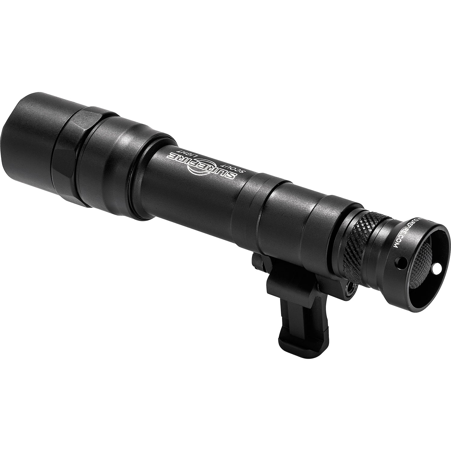 Black tactical weaponlight on a white background